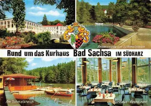 AK / Ansichtskarte Bad Sachsa Osterode Harz Kurhaus Restaurant Promenade Schmelzteich Bootsverleih