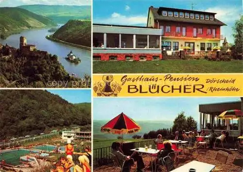 AK / Ansichtskarte Doerscheid Rheinpartie mit Burg Gasthaus Bluecher Schwimmbad Terrasse
