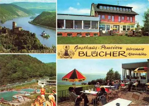 AK / Ansichtskarte Doerscheid Rheinpartie mit Burg Gasthaus Bluecher Schwimmbad Terrasse