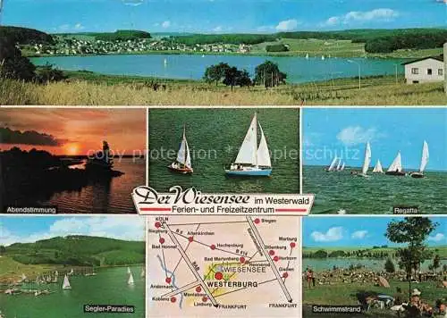 AK / Ansichtskarte Westerburg  Westerwald Rheinland-Pfalz Wiesensee Abendstimmung Segler Paradies Regatta Schwimmstrand