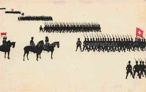 AK / Ansichtskarte Militaria_Schweiz Schattenbild Soldaten Fahnen  Militaria Schweiz