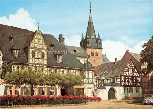 AK / Ansichtskarte Oestrich-Winkel Hotel Schwan Historischer Bau 16. Jhdt. Fachwerkhaeuser Kirchturm