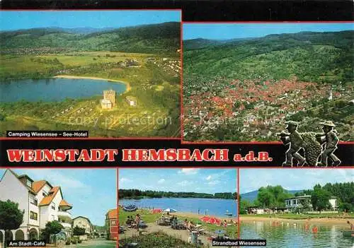 AK / Ansichtskarte Hemsbach  Bergstrasse Panorama Camping Wiesensee Seehotel Luftaufnahmen Stadtcafé Strandbad