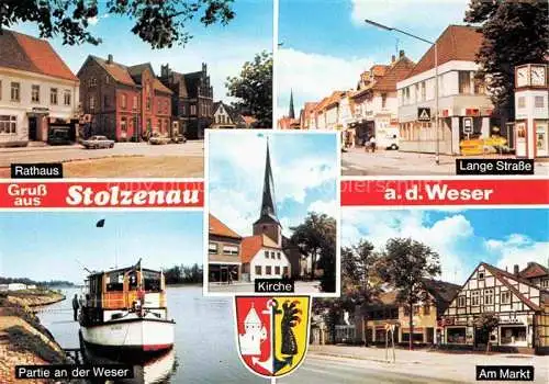 AK / Ansichtskarte Stolzenau Weser Rathaus Lange Strasse Partie an der Weser Kirche Markt