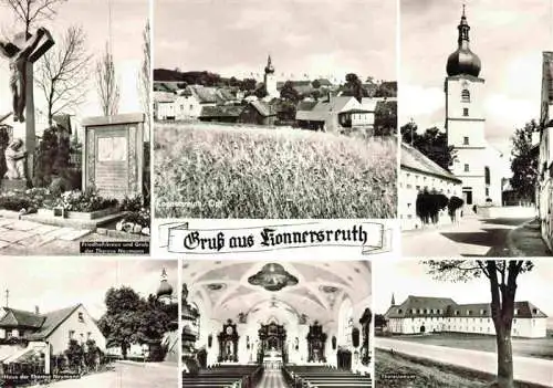 AK / Ansichtskarte Konnersreuth Oberpfalz Friedhof Kreuz Grabstein Ortsansicht mit Kirche Therese Neumann Haus Theresianum