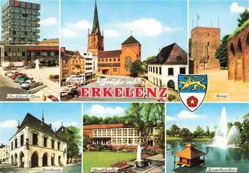 AK / Ansichtskarte Erkelenz Dr. Eberle-Platz Markt Kirche Burg Rathaus Stadthalle Ziegelweiher Fontaene