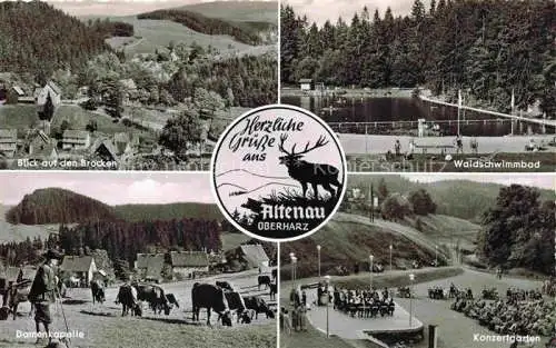 AK / Ansichtskarte Altenau Harz Brockenblick Waldschwimmbad Damenkapelle Konzertgarten