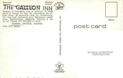 AK / Ansichtskarte Sombra Ontario Canada American Express Chargex Diners The Galleon Inn Fliegeraufnahme