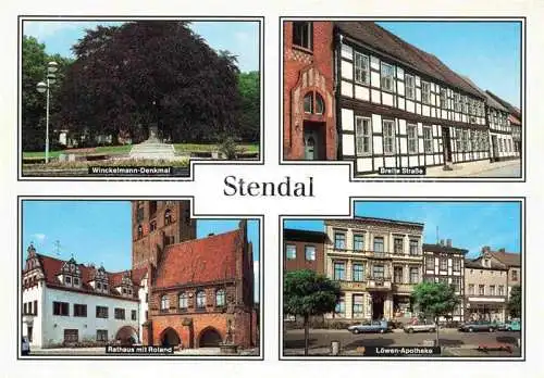 AK / Ansichtskarte Stendal  Sachsen-Anhalt Winckelmann Denkmal Breite Strasse Rathaus mit Roland Loewen Apotheke