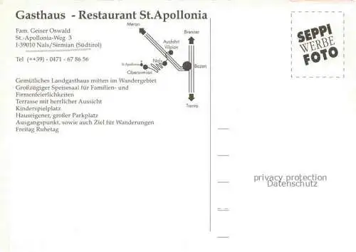 AK / Ansichtskarte Sirmian Nals Nalles Suedtirol IT Gasthaus Restaurant St Apollonia Terrasse Gastraum