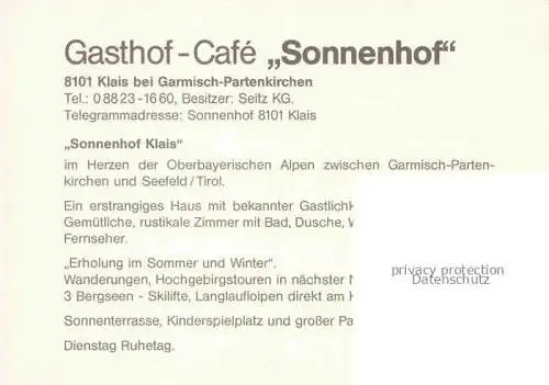 AK / Ansichtskarte Klais-Kruen Bayern Alpengasthof Sonnenhof Gastraum Terrasse