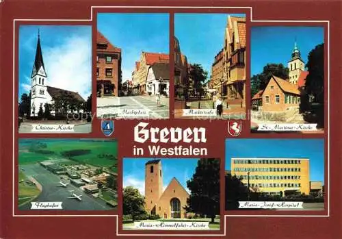 AK / Ansichtskarte Greven  Westfalen Christus Kirche Marktplatz Marktstrasse St Martinus Kirche Flughafen Maria Himmelfahrt Kirche Maria Josef Hospital