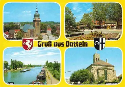 AK / Ansichtskarte Datteln Recklinghausen NRW Amanduskirche Neumarkt Kanal Lutherkirche
