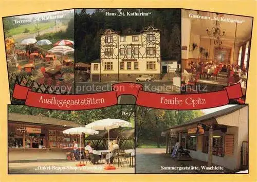 AK / Ansichtskarte Langenberg Erzgebirge Ausflugsgaststaette St Katharina Terrasse Haus St Katharina Gastraum Onkel Beppo Shop Waschleite 