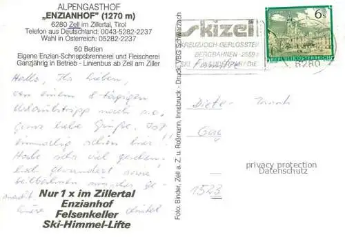 AK / Ansichtskarte Zell am Ziller Tirol AT Alpengasthof Enzianhof Restaurant Saal Wanderweg Fernsicht Panoramakarte