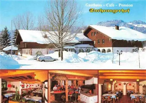 AK / Ansichtskarte Sachrang Chiemgau Gasthaus Café Pension Sachrangerhof Restaurant Kaminzimmer Winterlandschaft