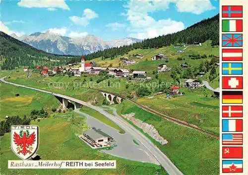 AK / Ansichtskarte Reith Seefeld Tirol AT Panorama Rasthaus Meilerhof Alpen Nationalflaggen