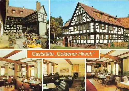AK / Ansichtskarte Neundorf Suhl Gaststaette Goldener Hirsch Biergarten Bierstube Kaminzimmer Restaurant Fachwerkhaus