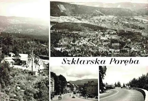 AK / Ansichtskarte Szklarska Poreba Schreiberhau Riesengebirge PL Stacja przesiodowa wyciagu krzeselkowego na Szrenice Widok ogolny Ulica Jednosci Narodu Zakret Smiercie