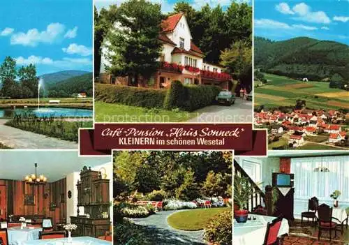 AK / Ansichtskarte Kleinern Edertal Waldeck Hessen Brunnen Cafe Pension Haus Sonneck Panorama Gastraeume Park