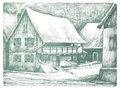 AK / Ansichtskarte Riedisheim_Mulhouse_68_Haut Rhin Maison Koenig Nithart sous la Neige Rue du Marechal Foch Dessin 