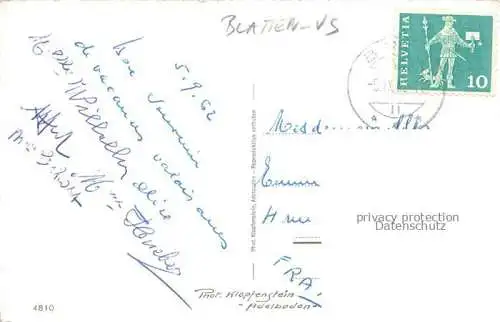 AK / Ansichtskarte Blatten__Loetschental_Raron_VS Belalp Bergkreuz Luftseilbahn Aletschgletscher Berghotel Ansicht mit Kirche Bergkapelle Luesgensee 