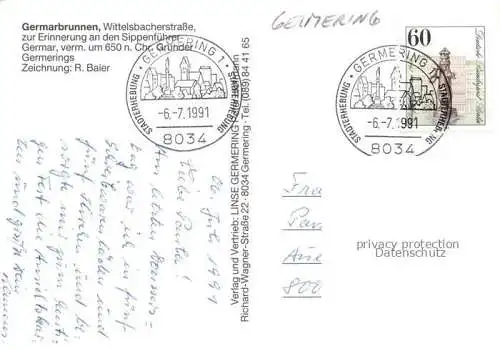 AK / Ansichtskarte Germering Oberbayern Germarbrunnen Zeichnung R. Baier Kuenstlerkarte