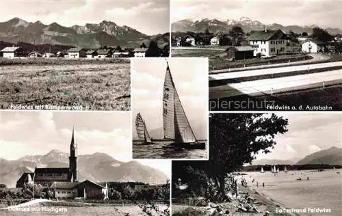 AK / Ansichtskarte Feldwies uebersee Chiemsee Panorama Blick gegen Kampenwand Autobahn uebersee mit Hochgern Badestrand