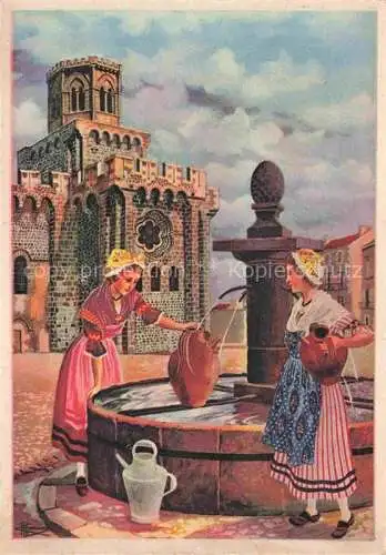 AK / Ansichtskarte Royat les Bains_63_Puy de Dome Eglise romane fortifiee 11e et 12e siecles Fontaine Costumes Dessin Kuenstlerkarte 