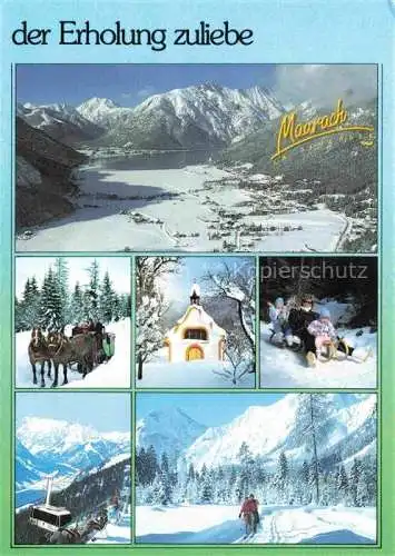 AK / Ansichtskarte Maurach Achensee TiroL AT Winterpanorama Alpen Luftaufnahme Schlittenfahrt Kapelle Pferdeschlitten