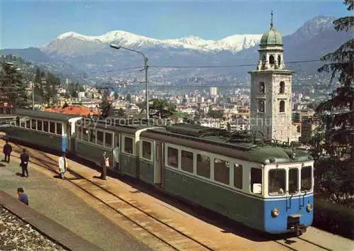 AK / Ansichtskarte LUGANO_Lago_di_Lugano_TI Neuer Gelenkzug der Lugano Pont Tresa Bahn mit Sicht auf Lugano 