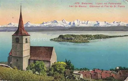 AK / Ansichtskarte Ligerz_Bielersee_BE Panorama Blick auf St. Petersinsel Bielersee Kirche Alpen 