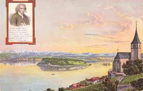 AK / Ansichtskarte Gleresse_Ligerz_Bielersee_BE Vue panoramique Eglise Ile St. Pierre Alpes J.J. Rouseeau Kuenstlerkarte 