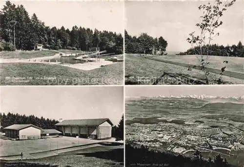 AK / Ansichtskarte Magglingen Turn  und Sportschule Schwimmbad Laerchenplatz Panorama Blick auf Biel Alpenkette Magglingen