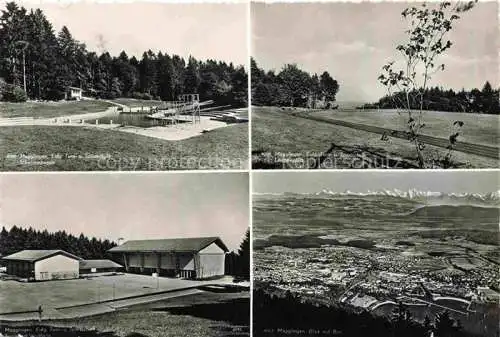 AK / Ansichtskarte Magglingen Turn  und Sportschule Schwimmbad Laerchenplatz Panorama Blick auf Biel Alpenkette Magglingen