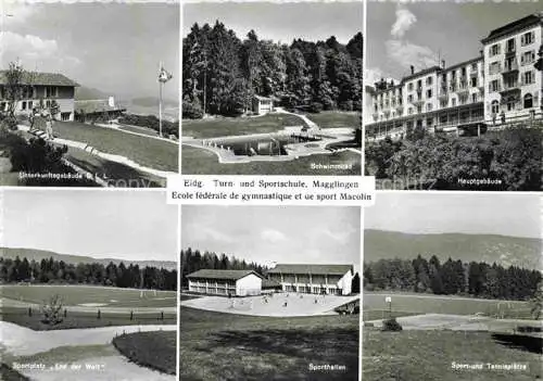 AK / Ansichtskarte Magglingen Turn  und Sportschule Unterkunftsgebaeude Schwimmbad Hauptgebaeude Sportplatz Sporthalle Tennisplaetze Magglingen
