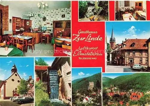 AK / Ansichtskarte Elmstein Rheinland-Pfalz Gasthaus zur Linde Restaurant Nibelungenfelsen Kirchplatz Kirche Saegemuehle Wasserrad Burg Wallfahrtskirche