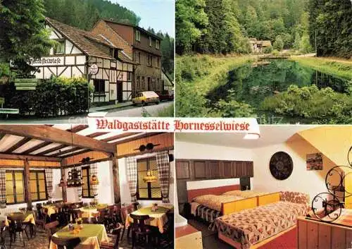 AK / Ansichtskarte Elmstein Rheinland-Pfalz Waldgaststaette Hornesselweise Gastraum Fremdenzimmer Badeweiher