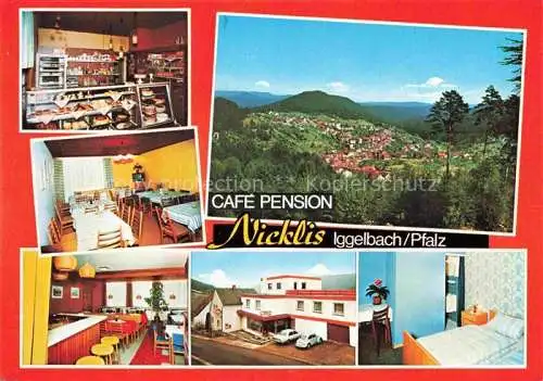 AK / Ansichtskarte Iggelbach Elmstein Bad Duerkheim Rheinland-Pfalz Café Pension Nicklis Gastraum Fremdenzimmer Panorama