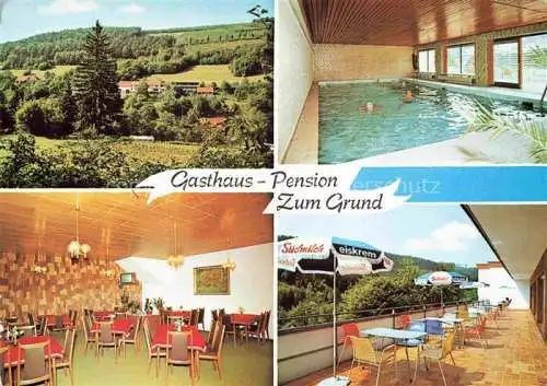 AK / Ansichtskarte Reisenbach Mudau Neckar-Odenwald-Kreis BW Gasthaus Pension Zum Grund Hallenbad Gastraum Terrasse