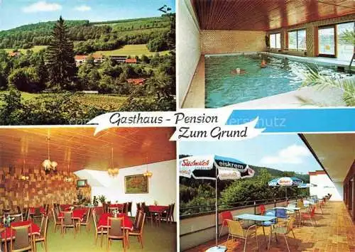 AK / Ansichtskarte Reisenbach Mudau Neckar-Odenwald-Kreis BW Gasthaus Pension Zum Grund Gastraum Terrasse Hallenbad