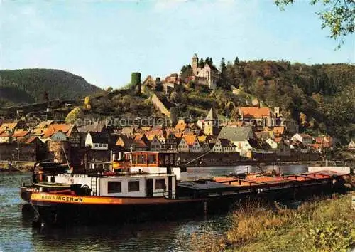AK / Ansichtskarte Hirschhorn Neckar Hessen Neckarpartie mit Schloss und Frachter