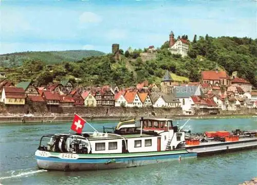 AK / Ansichtskarte Hirschhorn Neckar Hessen Neckarpartie mit Burg und Schloss Hotel Frachtschiff