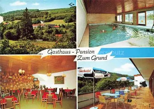 AK / Ansichtskarte Reisenbach Mudau Neckar-Odenwald-Kreis BW Panorama Gasthaus Pension zum Grund Hallenbad Gaststube Terrasse