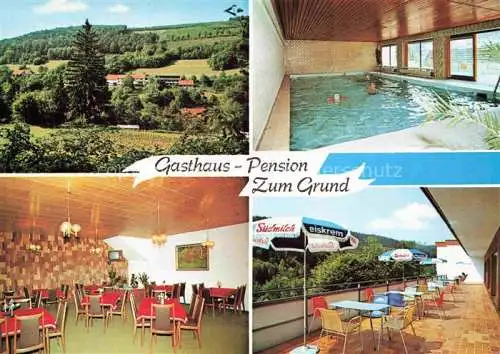AK / Ansichtskarte Reisenbach Mudau Neckar-Odenwald-Kreis BW Gasthaus Zum Grund Hallenbad Gastraum Terrasse