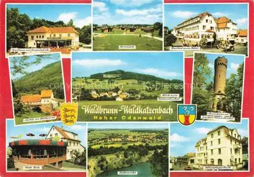 AK / Ansichtskarte Waldkatzenbach Waldbrunn Gasthaus Turmschaenke Muehle im Hoellgrund Cafe Erli Feriendorf Katzenbuckel Teilansicht Gasthof zum Adler Katzenbuckelturm Altenpflegeschule
