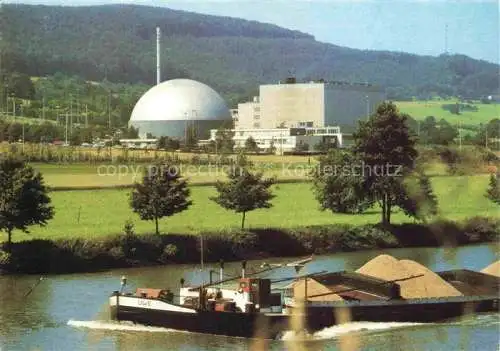 AK / Ansichtskarte Obrigheim Baden KWO Kernkraftwerk am Neckar Binnenschiffahrt Frachtkahn