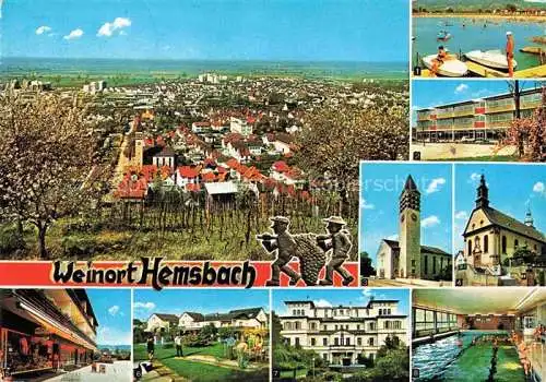AK / Ansichtskarte Hemsbach  Bergstrasse Stadtpanorama Baumbluete Badestrand Hotel Hallenbad Kirche Minigolf
