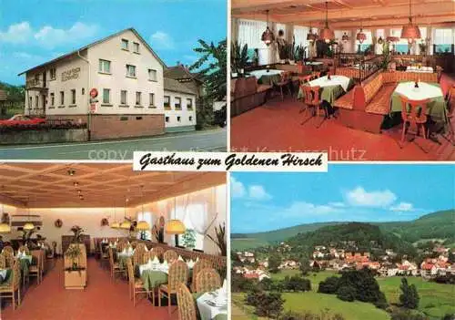 AK / Ansichtskarte Abtsteinach Hessen Gasthaus zum goldenen Hirsch Gastraum Panorama Naturpark Bergstrasse Odenwald