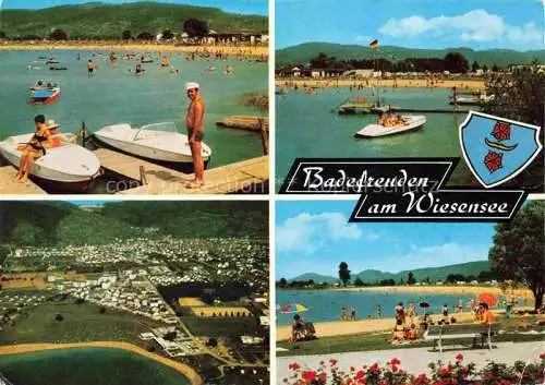 AK / Ansichtskarte Hemsbach  Bergstrasse Luftaufnahme Weinort Wiesensee Bootsanleger Badestrand